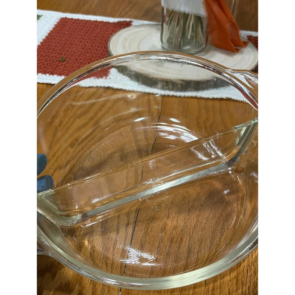 Fire-King Vintage Clear Glass Divided Casserole Dish Rnd 2-Section Ovenware USA
